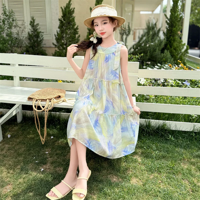 Mädchen Sommerkleid Baby Mädchen Neckholder Ärmelloses Kleid Kind Ölgemälde Druck A-Linie Sommerkleid Kinder Strandkleid