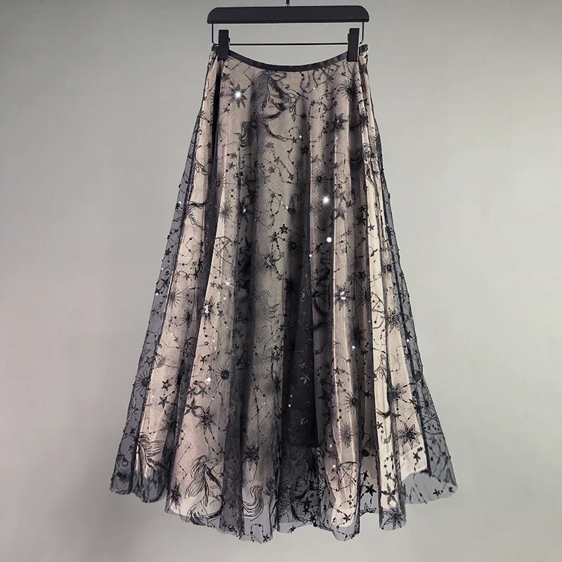 New  type hazy cascade gauze skirt sequins embroidered half length A shaped pendulum  9DA18