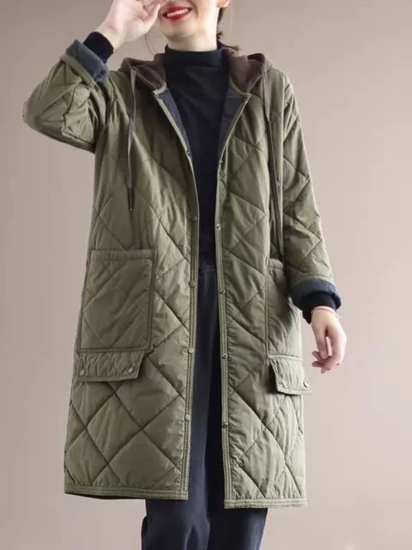 

Thiened Mid-Length Cotton Jaet with Hood for Women Faionable Simple Diamond Pattern Splicing Autumn Winter New Arrival