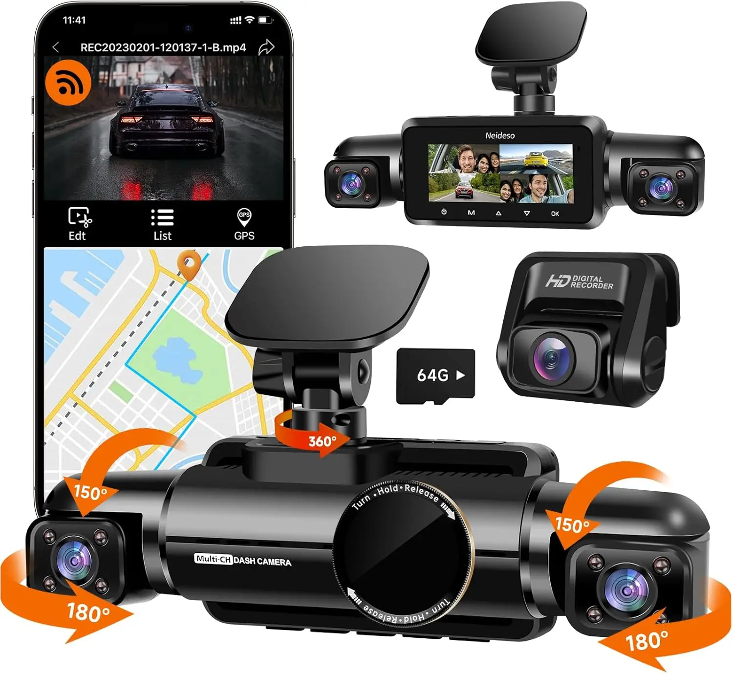 

360° Dash Cam Front, Rear and Inside, 4 Channel 3K+3*1080P, 5GHz Wi-Fi GPS, Voice Control, 4K+1080P*2 Dash Camera