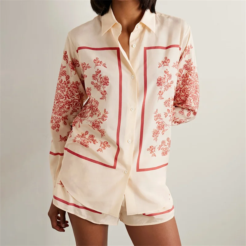 

Women's shirt New single breasted slim fit lapel long sleeved top for summer 2025 Fashion Rose printed elegant Women's blouse