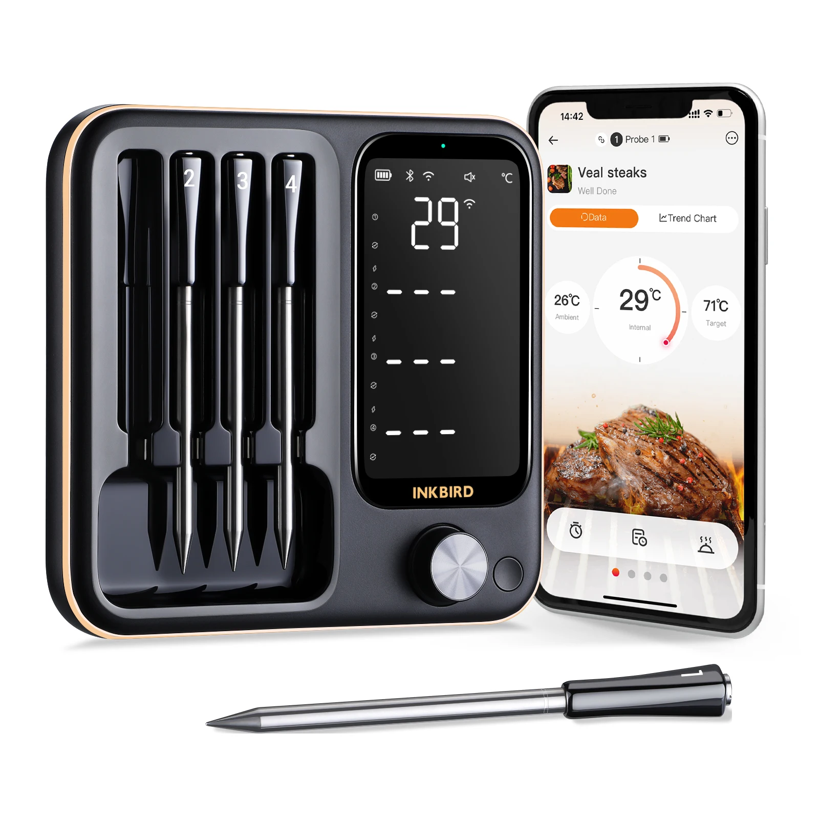 INKBIRD Echt draadloze vleesthermometer 2-types waterdichte digitale voedselthermometer voor kalkoen Rundvlees Rotisserie Grill Oven BBQ - afbeelding 1