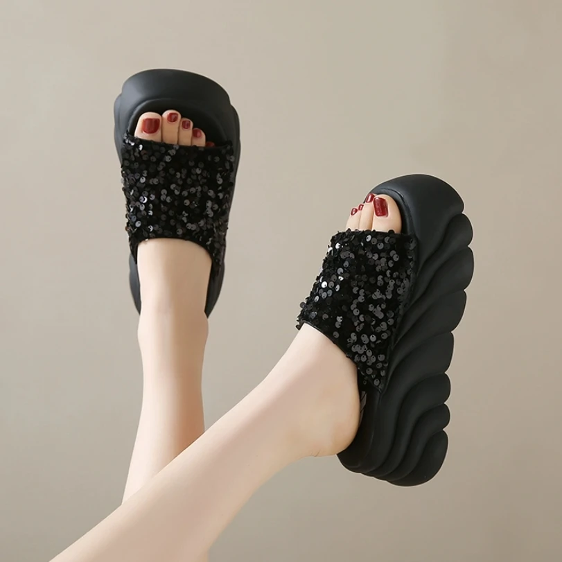 

2025 New Summer Model Thick-soled sandals, half-slippers with sequins and muffin-soled slippers women shoes