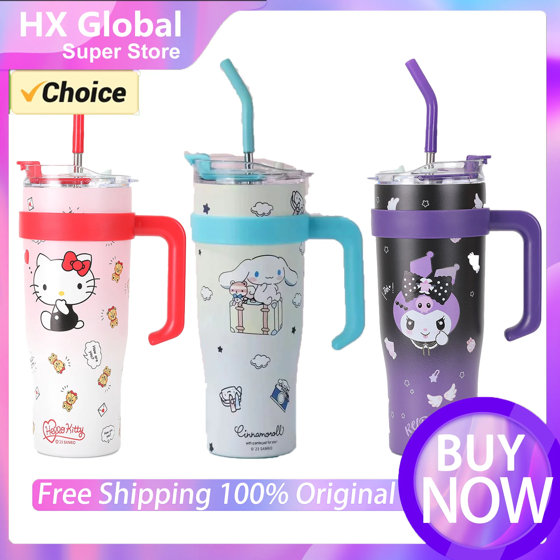 1200ml Hello Kitty Cup Sanrio Thermos Bottle Cold Ice Cute Kuromi Cinnamoroll Melody Stainless Steel Custom Tumbler Straw Gift