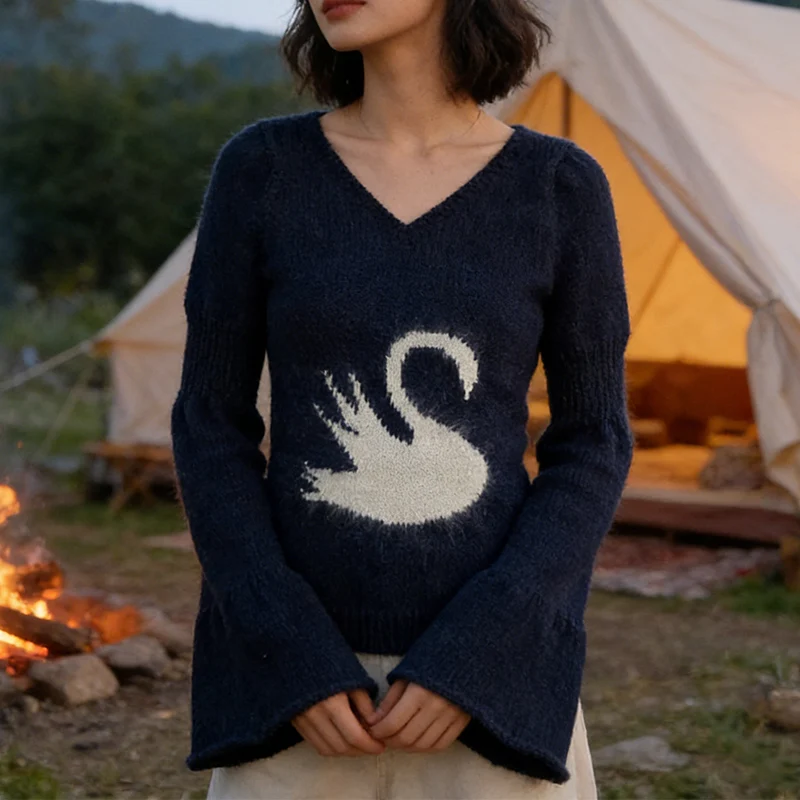 가을 감성 카와이 빈티지 우아한 니트웨어 만화 백조 자카드 긴팔 풀오버 타이트 O넥 트럼펫 소매 스웨터