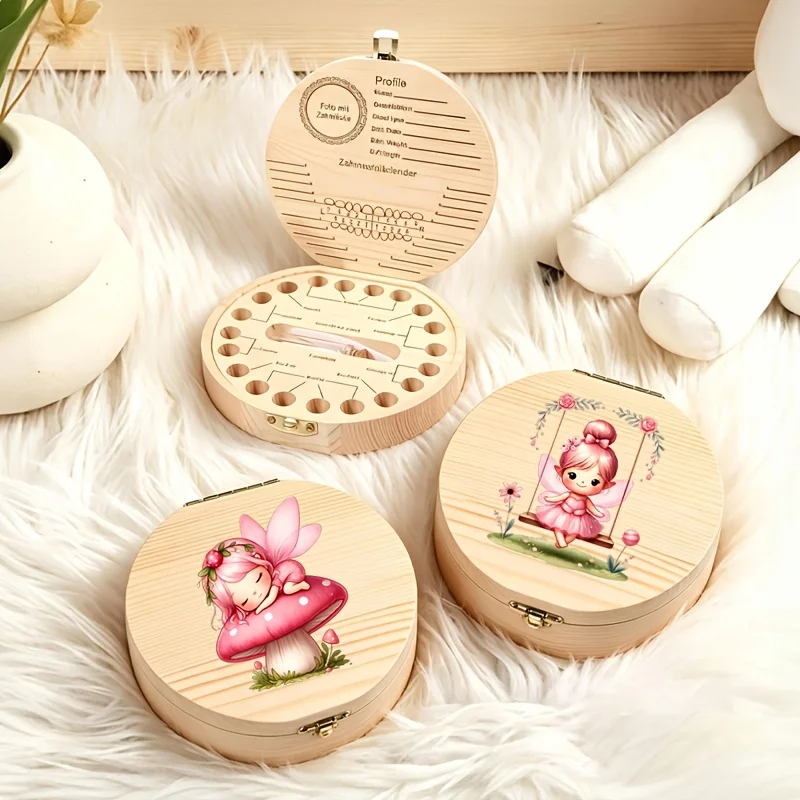 2D Pink Fairy Mushroom Round Wooden Baby Tooth Box Circular Children's Storage Gift with Hole Design for Tooth Saving