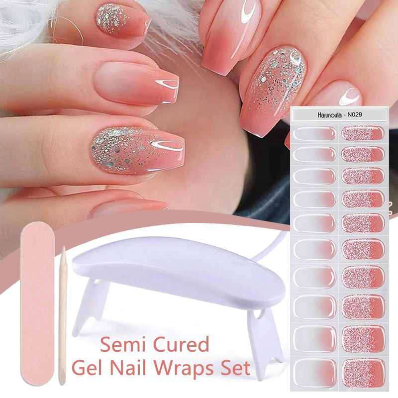 Harunouta 1 Set halb gehärtete Gel nagelst reifen mit Nagel trockner Gradient Jelly Glitter DIY drücken auf Nägel Aufkleber Nagel Starter Kits