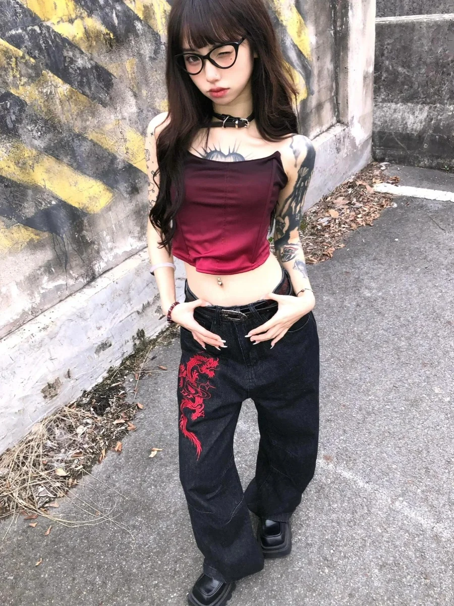 

Джинсы American High Street Sle Bla с вышивкой дракона, свободные повседневные длинные брюки для мужчин и женщин, мода для уличных танцев