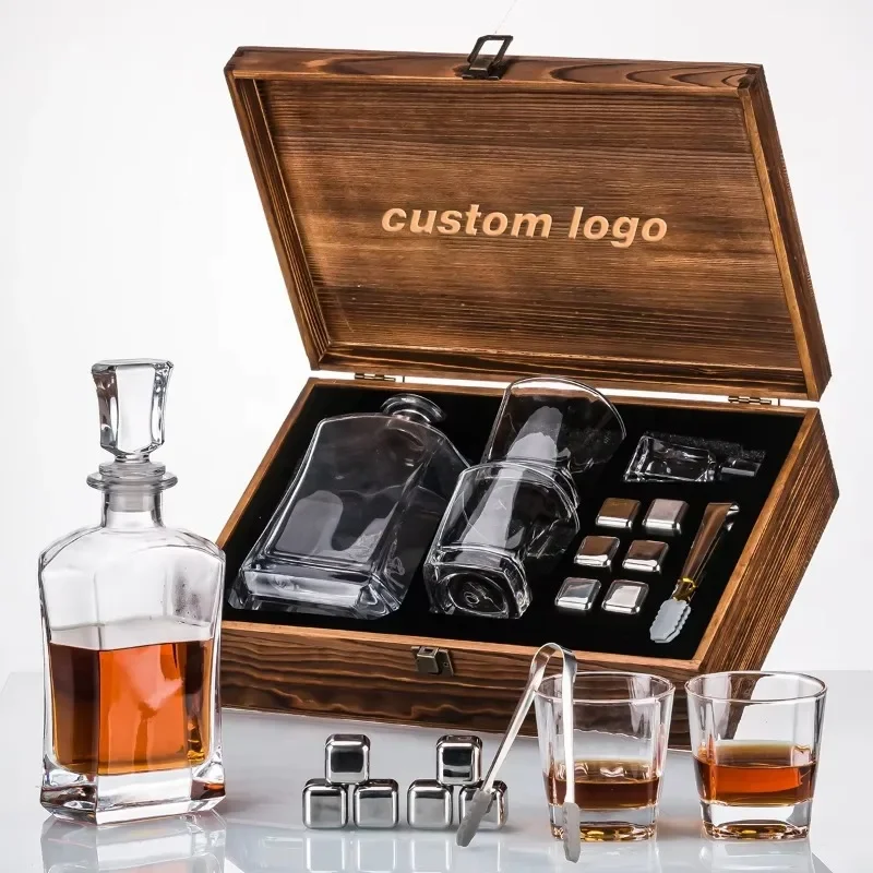 Custom Logo Engraved Liquor 25 oz Personalized Glass Whiskey Decanter Set with Square Rocks Glasses for Men Birthday Gift