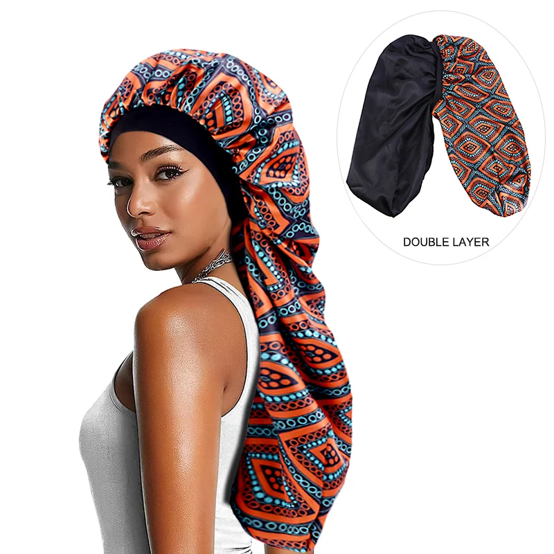

Fashion Women Long Bonnet Turban Satin Bonnet Night Sleep Bathing Cap Hair Care Hat Ladies African Pattern Print Headwrap