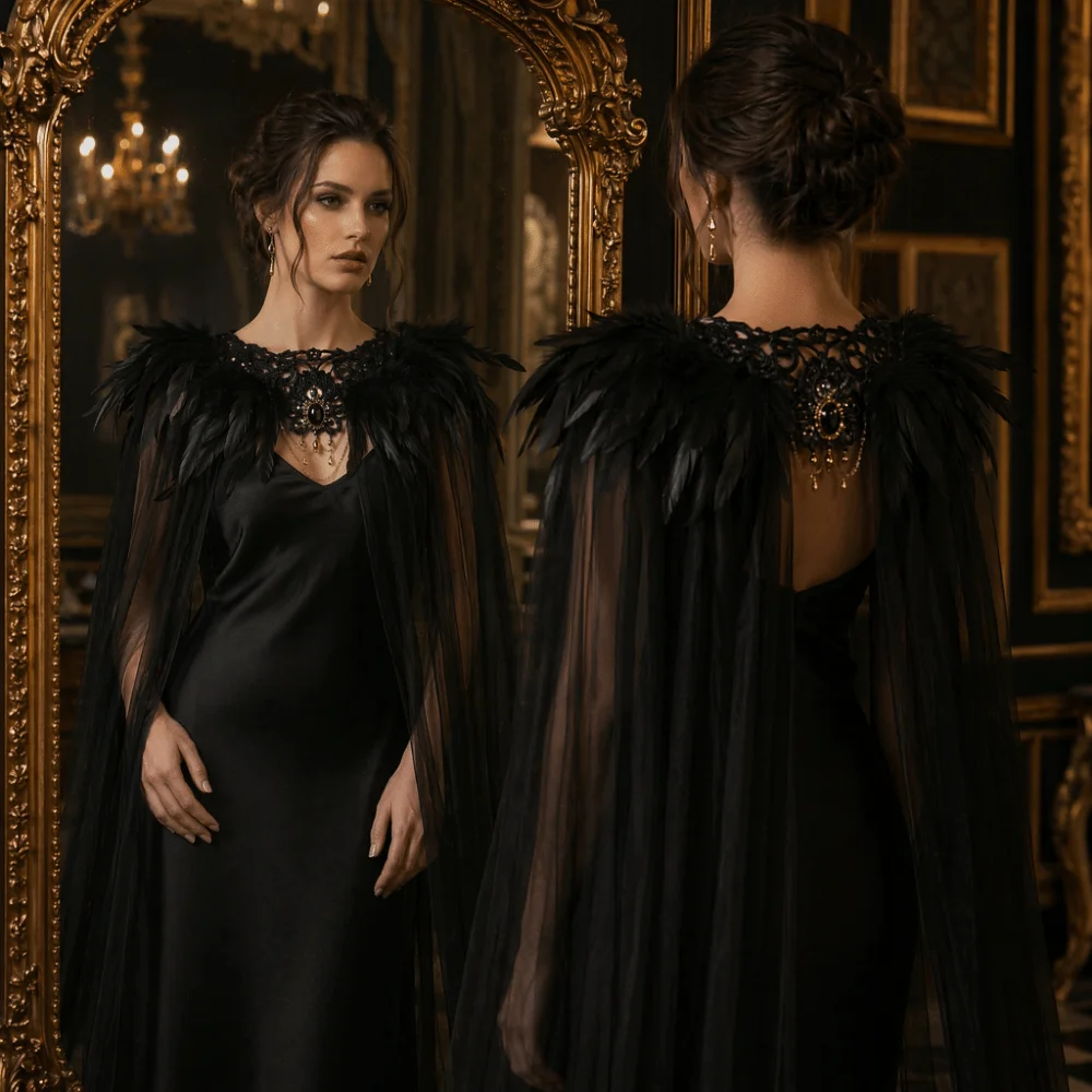 Black Halloween Feather Cloak Fur Collar Elegant Hollow Lace Mesh Cape Flowing Mesh Fringe Festival Costume Cape Gothic Carnival