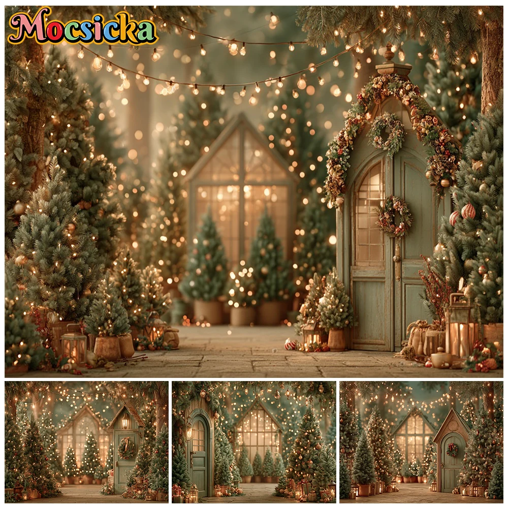 Mocsicka Christmas Tree Decorations Backdrop Green Door Wreath Photo Background Garland String Light Photo Prop Studio Wallpaper