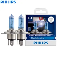 Philips H4 BlueVision Ultra Car Halogen Head Lamps 9003 HB2 4000K Xenon White Light 12V 60/55W P43t ECE High Low Beam 12342BVUS2