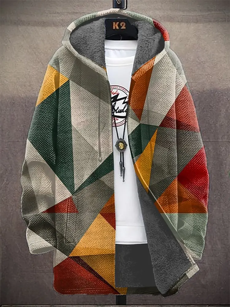 Unisex Colorful Vintage Print Plush Sweater Cardigan Thick Long-Sleeved Fleece Lined Hoodie Coat for All Seasons