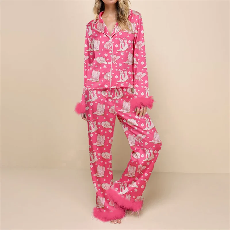 Dourbesty Women Christmas Pajamas Lounge Set Santa/Christmas Tree/Boots Print Shirts Tops and Pants 2Piece Sleepwear Outfit 2024