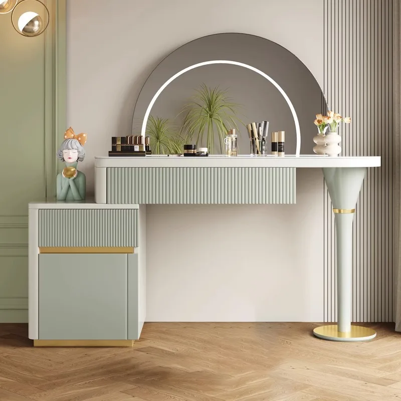 

Console table with lighted mirror storage drawers and shelves for bedroom or hotel panel wood style
