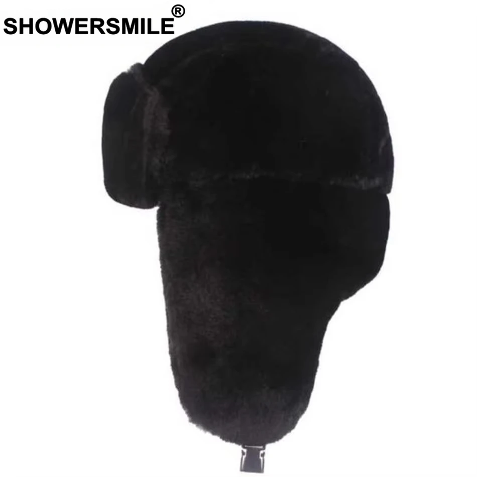 

SHOWERSMILE Black Faux Fur winter Caps Women Bomber Hats Pink trapper Hat Warm Female Thick Solid Ear Flaps Ushanka Hat Fashion