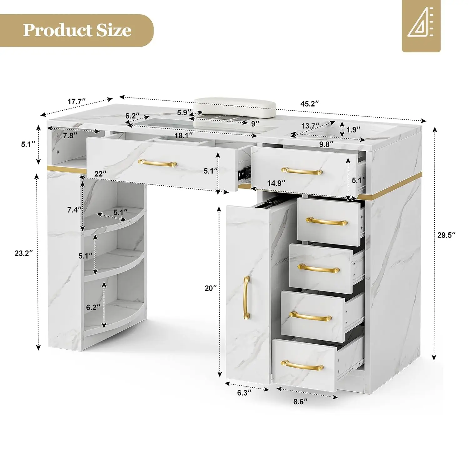 Manicure Table Nail Station for Nail Tech, Glass Top Nail Table w/Electric Dust Collector, 7 Drawers & 3-Tier, Customized