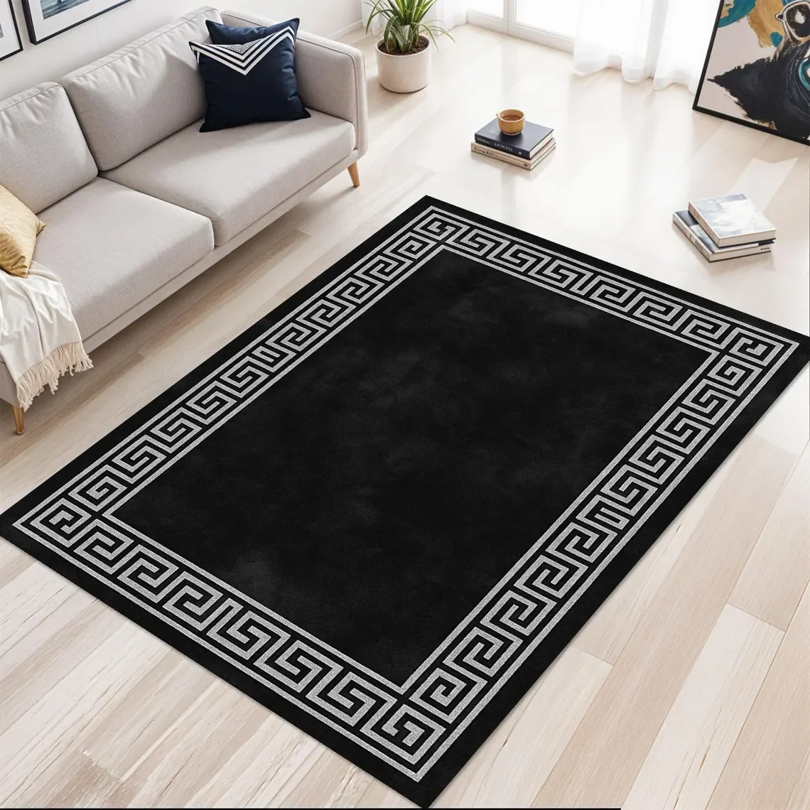

Ковер с греческим узором – черно-серебристый ковер с узором «греческий ключ» – мягкий нескользящий напольный коврик для гостиной, спальни и прихожей