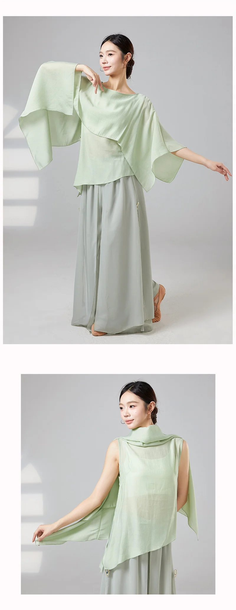 Damen Klassisches Modernes Tanz-Oberteil Fließende Unregelmäßige Bluse mit Weiten Glockenärmeln Lyrisches Tanz-Überzugskostüm Yoga-Top – Detail 6