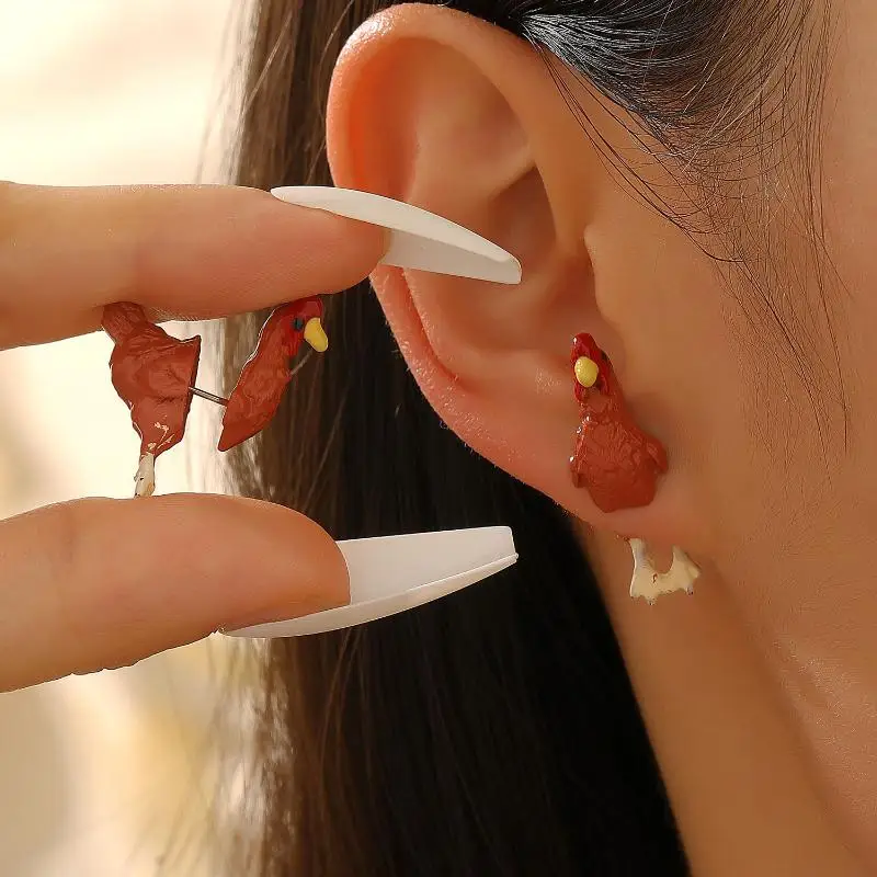 1/3Pairs شخصية الموضة الإبداع رسمت باليد الدجاج أقراط قلادة مجوهرات مقاومة للحساسية المعادن خواتم أذن عادية #4