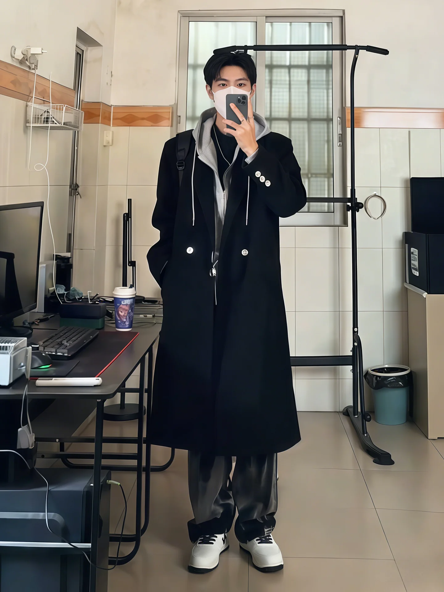 

Cleanfit Thiened oulder Pad Woolen Coat Men's Autumn Winter Cotton Sandwich Mid-Length Windbreaker Outerwear Bla