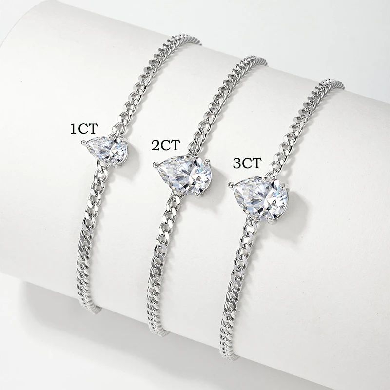 Women 1‑3CT Pear Cut D‑Color VVS1 Moissanite Adjustable Chain Bracelet S925 Sterling Silver Pass Diamond Tester Dainty Bridal Wedding Promise Fine Jewelry Gift For Her