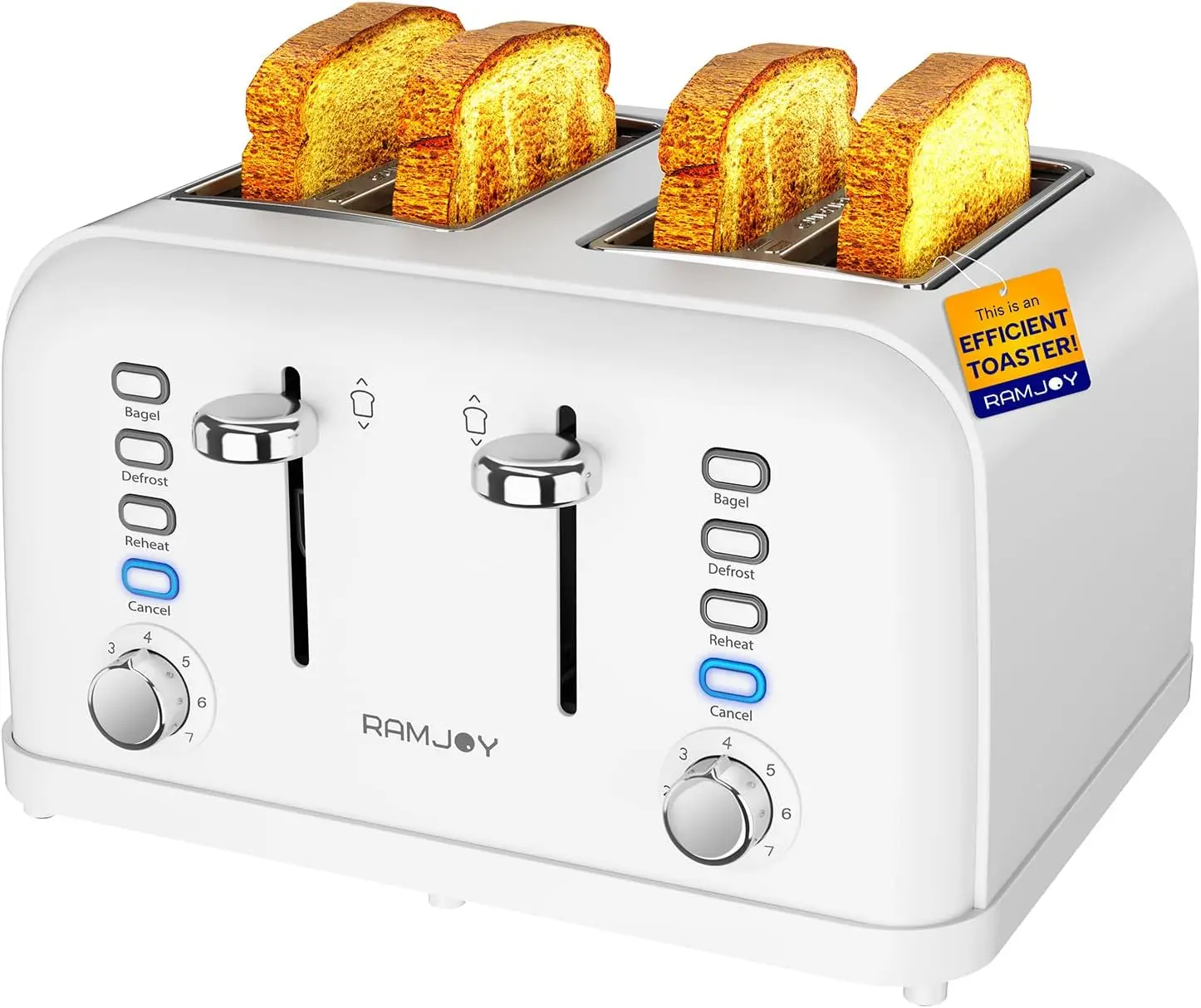 

White Toaster 4 Slice, Dual Independent Controls, Extra Wide Slot Toasters for Bagel, Bread, Waffles, 7 Shade Settings, 4