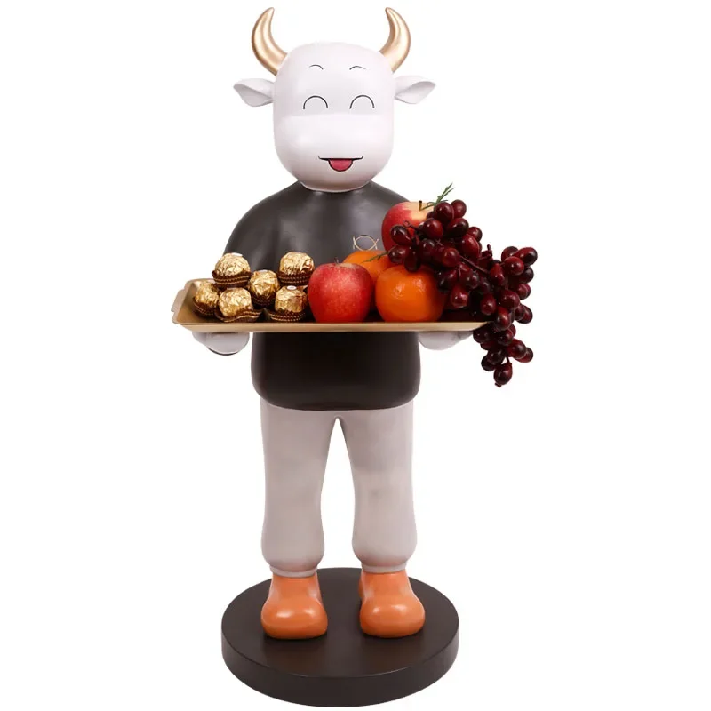 Nordic Creative Cattle Tray Ornaments Sculpture Hand Made Resin Cartoon Statuette Home Decoration Accessories Floor Large Gift