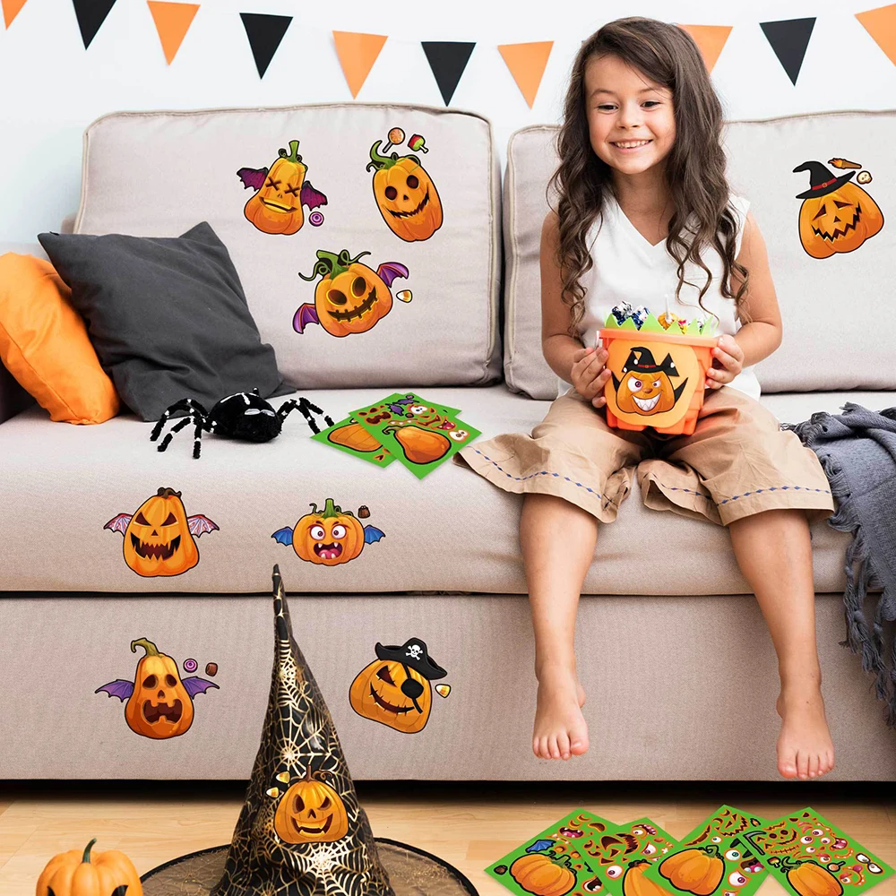 8/16Sheets Halloween Pumpkin Puzzle Stickers Make a Face Kids Toy Funny Assemble Jigsaw DIY Game Boys Girls Children Party Favor