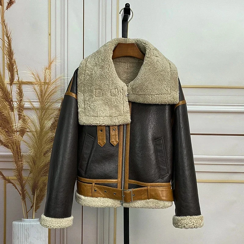 Jaket kulit asli wanita Lambswool jaket musim dingin potongan mantel sepeda motor wanita berkualitas tinggi tebal hangat mantel bulu domba