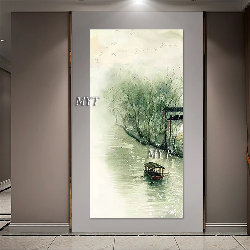 Luxury Living Room Decoration, Canvas Art Picture, Office Artwork, Frameless Small Boat On The Lake, Abstract Handmade Paintings