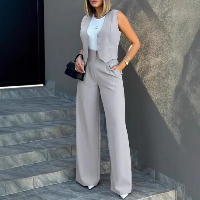 

Женский весенне-летний новый однотонный комплект из двух предметов для модного костюма, жилета, широкие брюки с высокой талией, повседневный комплект из двух предметов