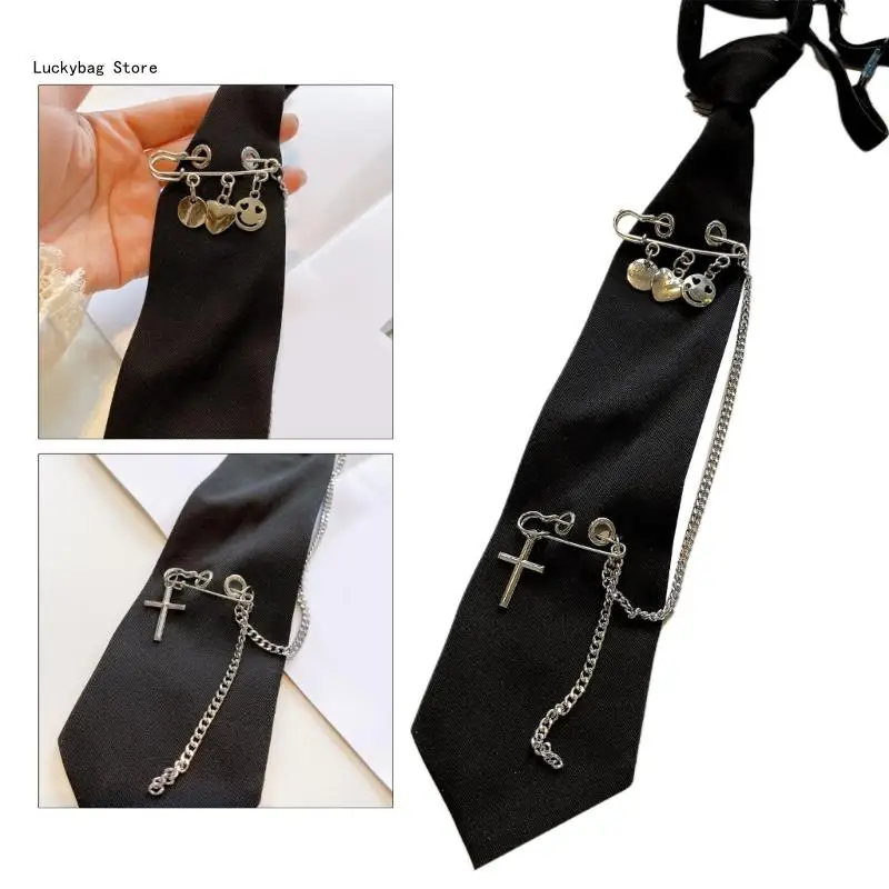 Women Pre-Tied Black Ties with Adjustable Strap Gothic Punk Metal Chain Tassel Pin Necktie Uniform Costume Accessories