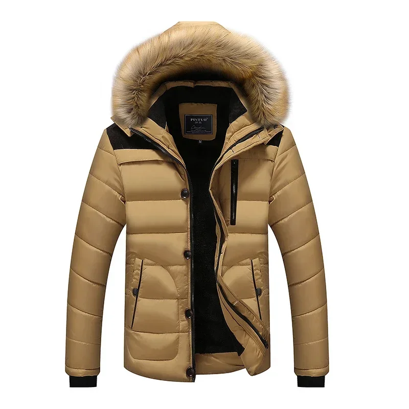 Solid Color Men\'s Parker Thicken Warm Coat Fashion Men\'s Fur Collar New Clothing Plus Size Waterproof Hooded Winter Parker Coat