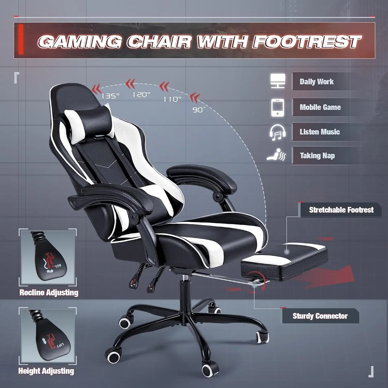 Furmax Gaming Chair, Video Game Chair with Footrest and Massage Lumbar Support, Swivel Seat Height Adjustable Computer Chair with Headrest, Racing E-Sport Gamer Chair (White) - view 6