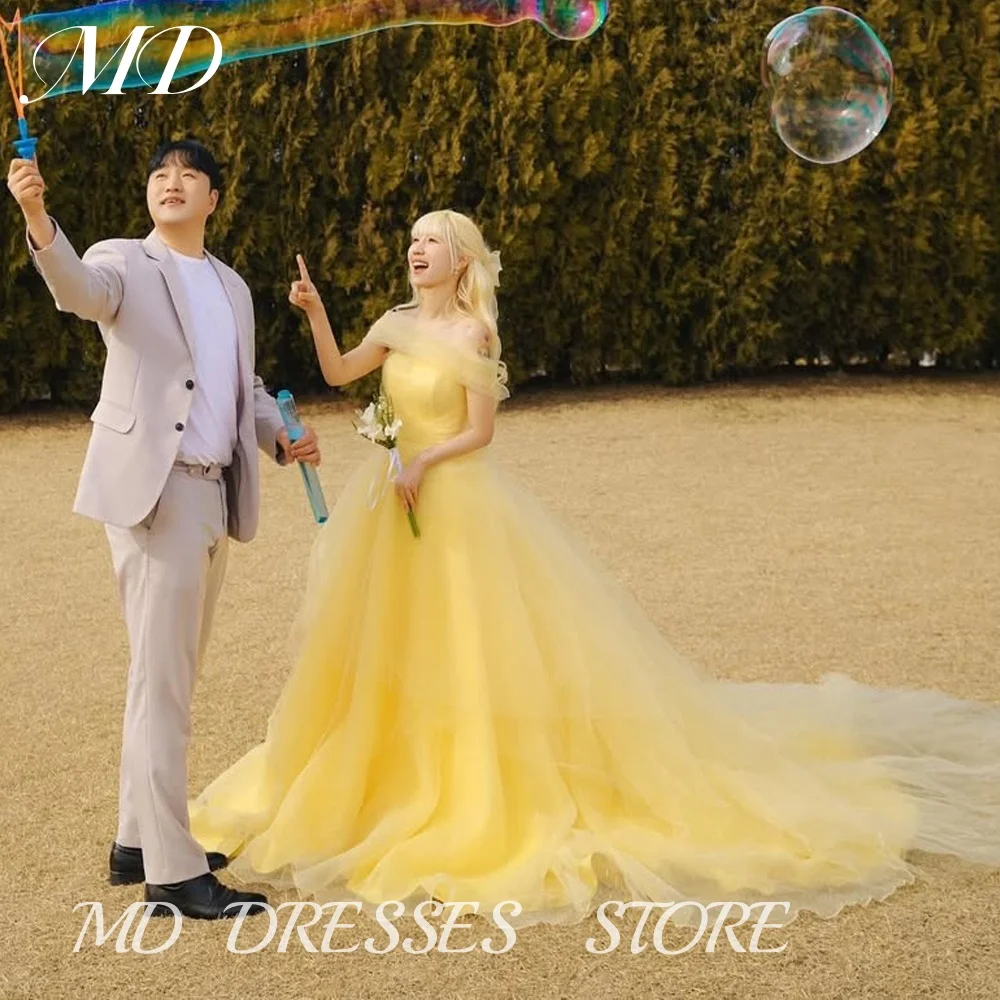 

MD Yellow Shawl A-line Wedding Dress Tulle Sleeveless Fairy Pleat Korea Photo shoot Dress Floor-Length customised Prom Gown 2025