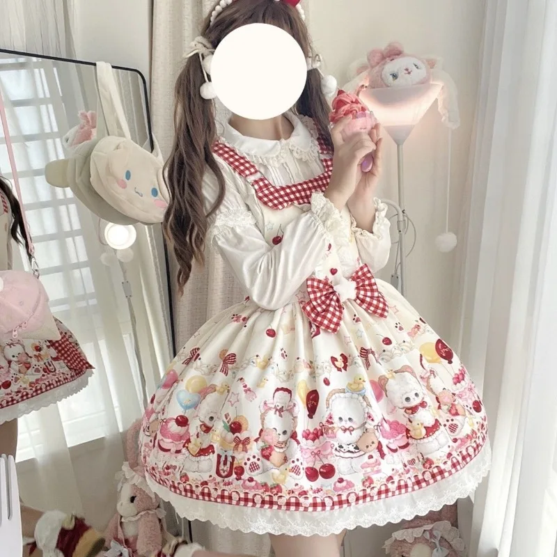 Japán nyelv kawaii Lolita jsk ruhát Nők aranyos Gúnyrajz Behord nyomtatás Meghajlás csipkével ruffles szíj ruhát lányok Andalító Tea Avatás Mali dresses