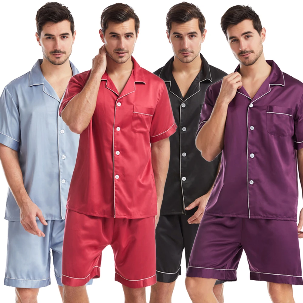

2021 High Quality Summer Men Silk Sleepwear Short Sleeve Woven 2 Pieces Solid Satin Pajama Set
