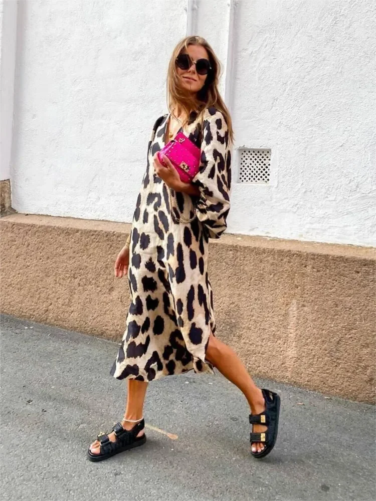 Abito lungo ampio con stampa leopardata con maniche a lanterna primavera estate per le donne Abiti maxi Boho femminili casual alla moda oversize