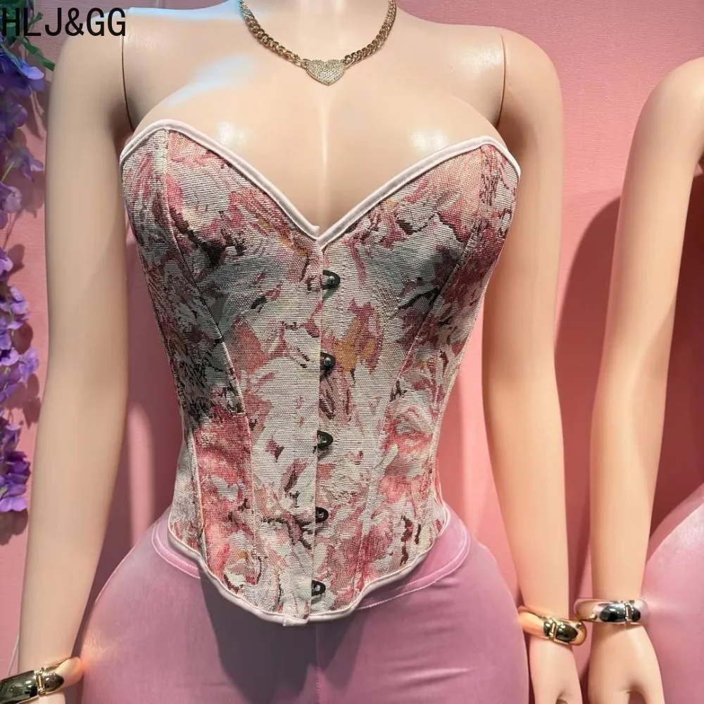 HLJ&GG Sexy Painterly Vintage Corset Top Structured Bustier with Boning for Lifting & Shaping + Stretch Pants Female Streetwear