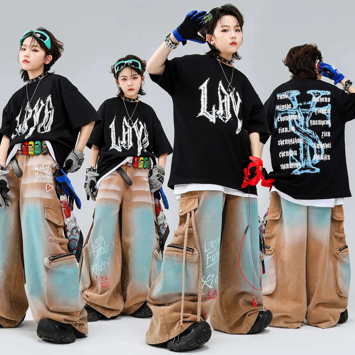 

Kid Kpop Hip Hop Clothing Black Letters T Shirt Coffee Blue Wide Leg Strap Cargo Pants for Girl Boy Street Dance Costume Clothes