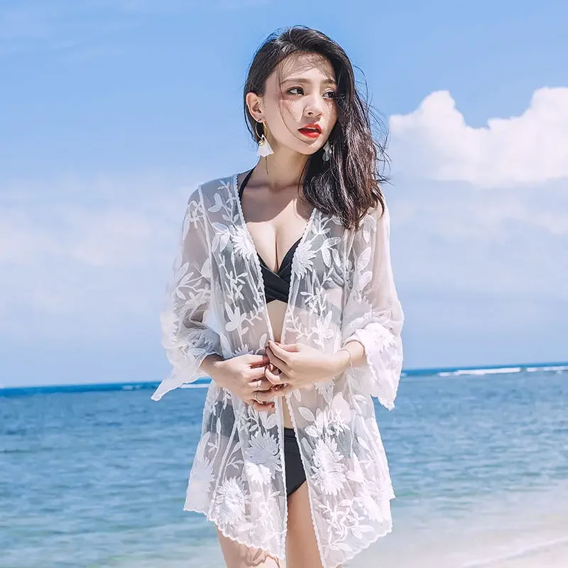 2025 Lace Embroidered Women's Cardigan Swimwear Cover-Ups Bikini Jacket Sun Protection Beach Vacation Fashion Outfits Y61