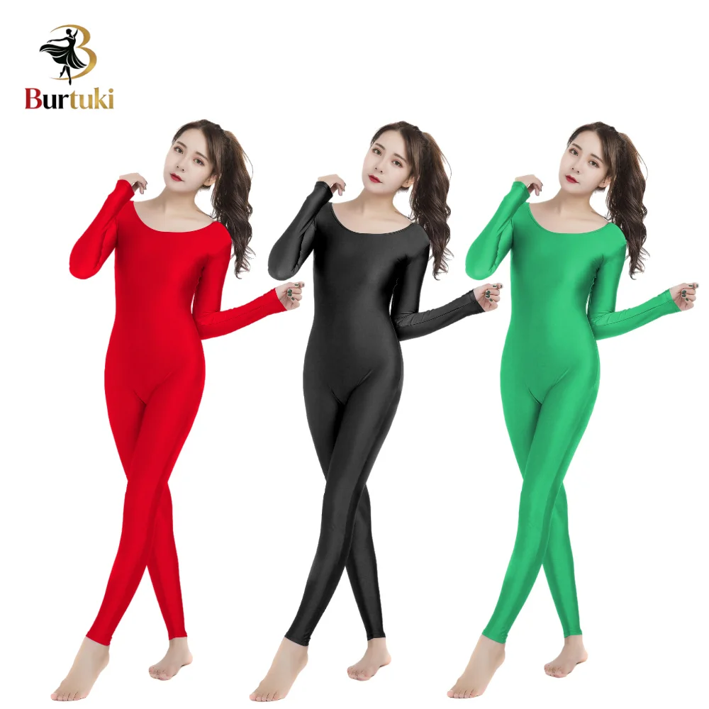 burtuki-大人女性用ナイロンスパンデックスユニタード長袖ヨガジャンプスーツスクープネックベーシックボディスーツワンピースフィットネスウェア