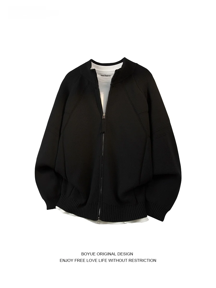 

Boyue Retro Sle Double Zipper Open Cardigan Sweater Men Women 3D Line Design Lazy Knitted Outerwear Casual Long Sve roun...