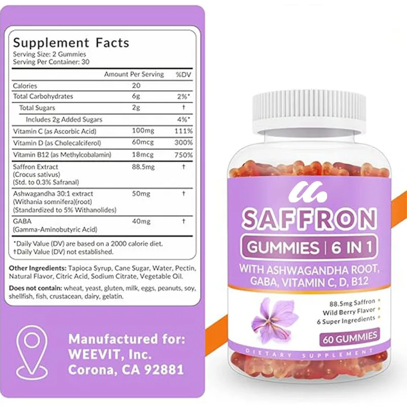 Saffron Gummies for Women and Men, Saffron Extract 88.5mg with Ashwagandha, GABA, Vitamin C, D3, B12