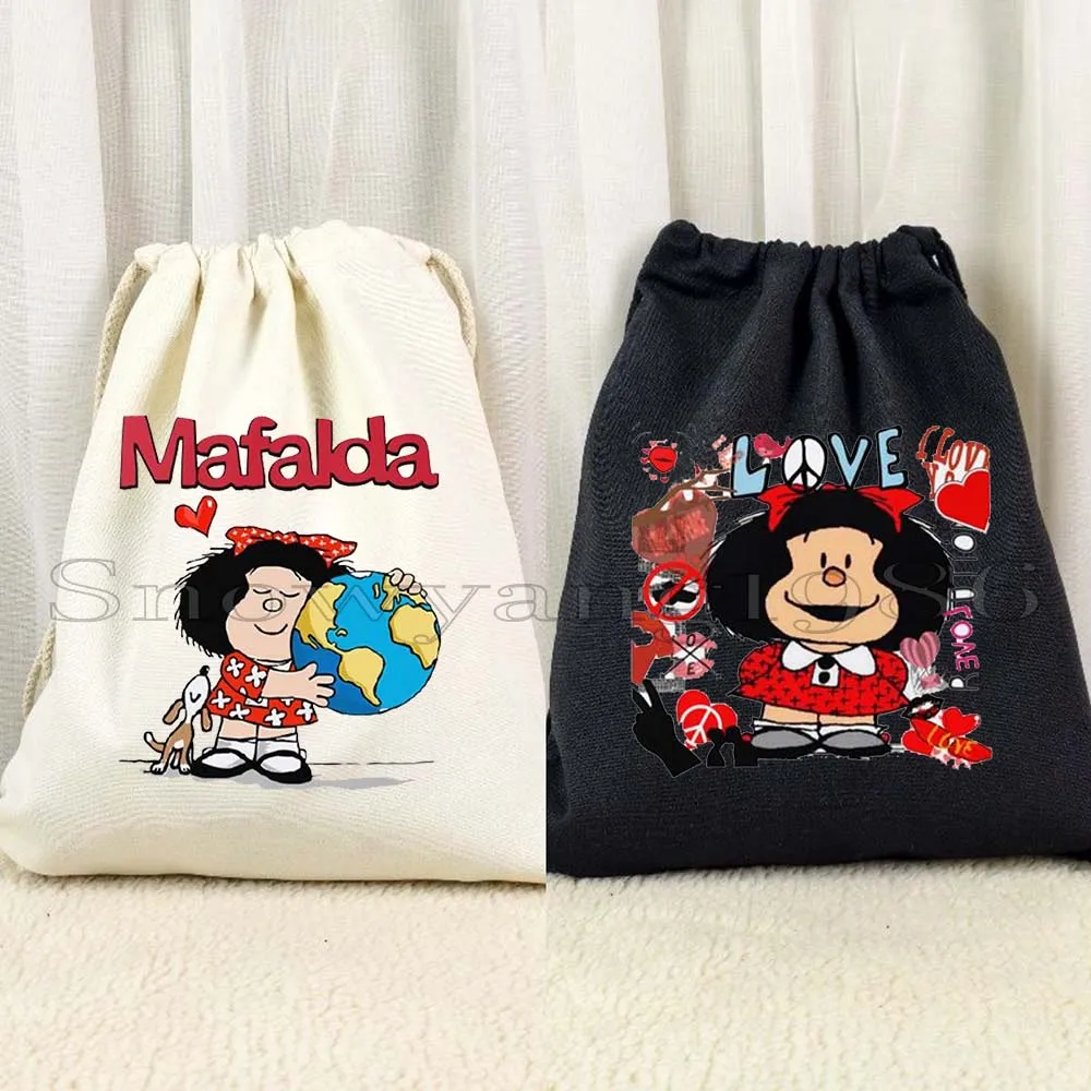 

Kawaii Cute Girl Mafalda Quino Fan Gifts Canvas Drawstring Bags Soccer Backpack Gym Hiking Sports Gym Yoga Sackpack String Bag