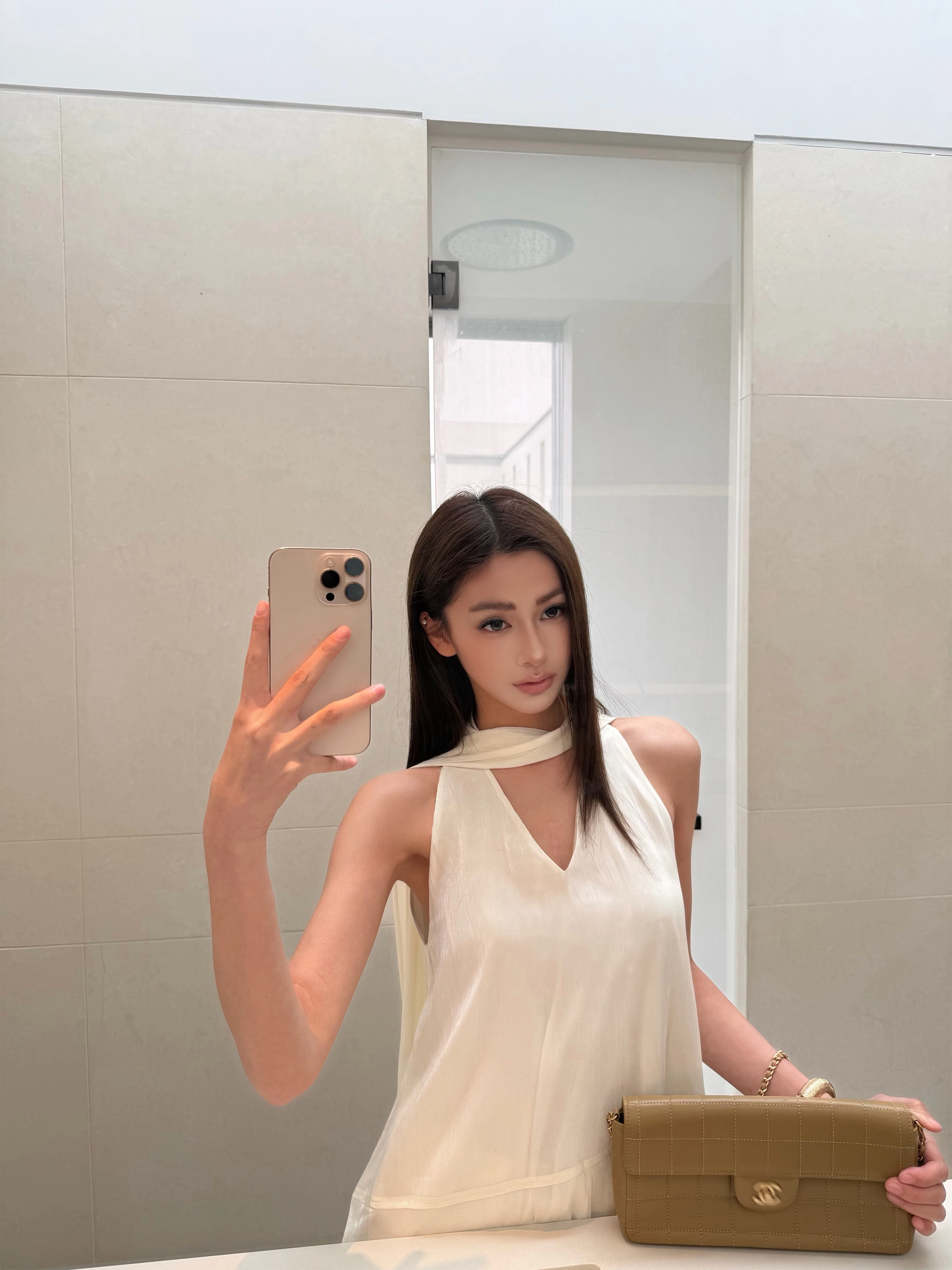 ZhouMiao Moonlight Morning Gown Sleeveless V-neck Loose Women's Shirt Pearl Glitter Outerwear Breathable Regular Length Zipper