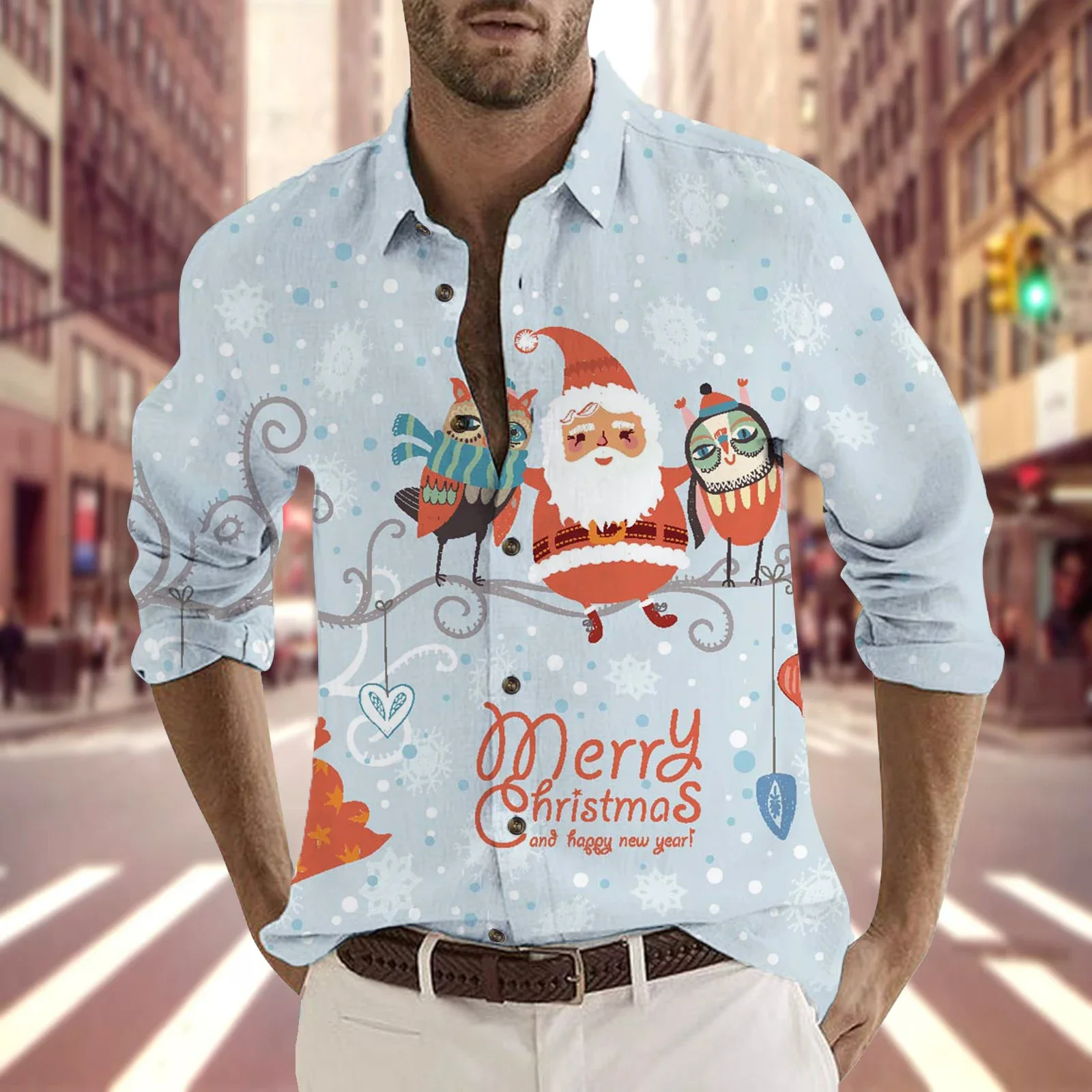 

Men's long sleeve shirt simple Santa Claus pattern print large size fashionable and comfortable casual holiday men's tops