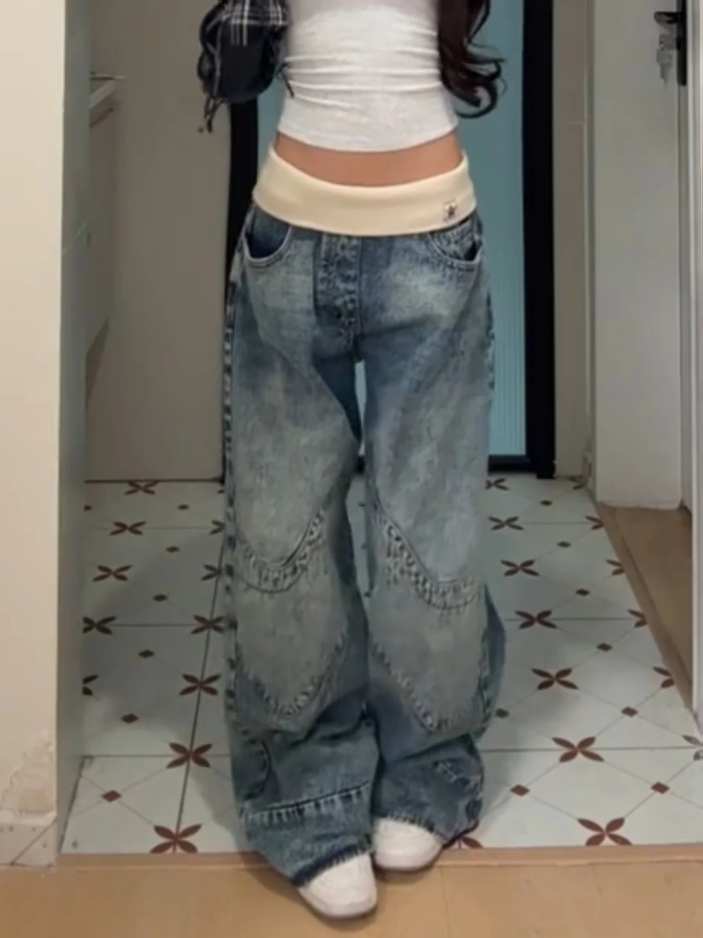 

High Waist Wide Leg Jeans Women's Vintage Loose Fit Straight Cut Floor Length Trousers Patchwork Design Casual Straight Jeans